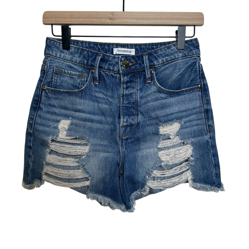 Good American Sz 00/24 Bombshell Denim Jean Shorts Blue Distressed High Waisted